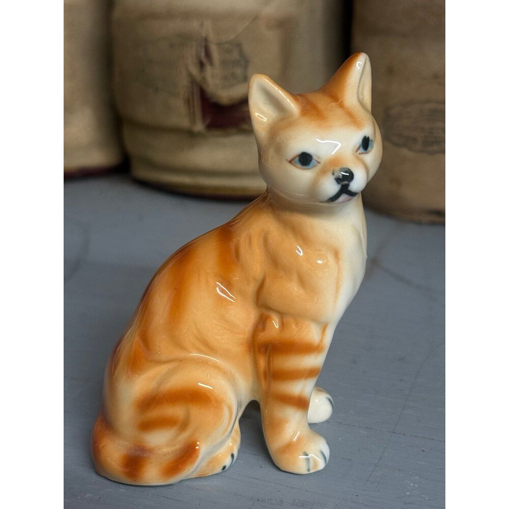 Vintage Orange Tabby Cat Figurine Ceramic Porcelain Kitty Japan 3.5” Mid Century